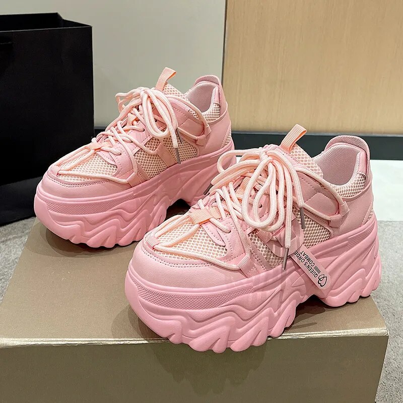 Klobige Sneakers mit 8 cm Absatz und einfarbiger Plateauschuhe für Damen