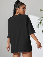 Camiseta de algodón de cuello redondo extragrande para mujer con estampado de cara triste