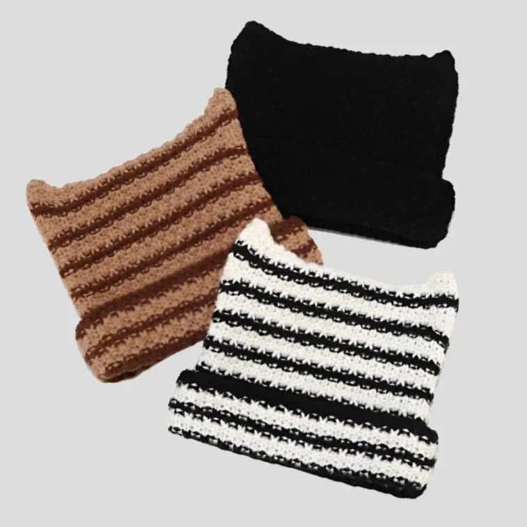 Knit Striped Beanie Cozy Headwear Cute Cat Ears Essential