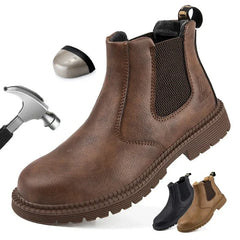 Botas de cuero con punta de acero para hombre, zapatos de trabajo de seguridad impermeables