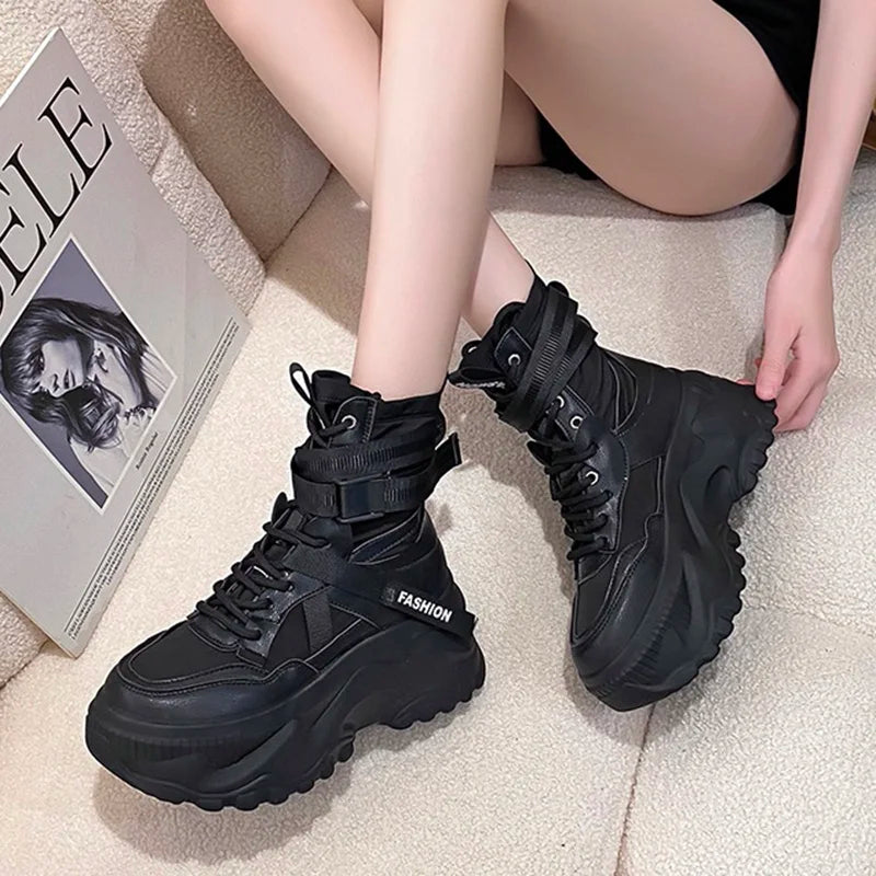 Motorcycle Lace-Up Platform Ankle Boots