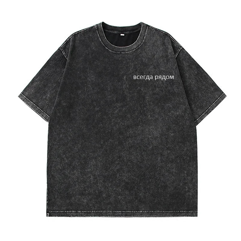 Camiseta holgada con estampado vintage y lavado ácido para mujer