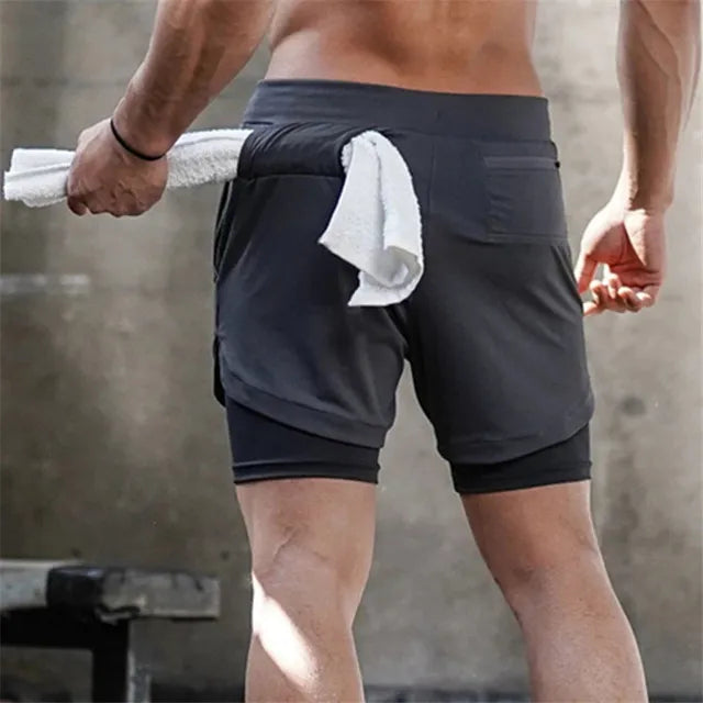 Pantalones cortos de secado rápido para fitness, running y entrenamiento 2 en 1 para hombre