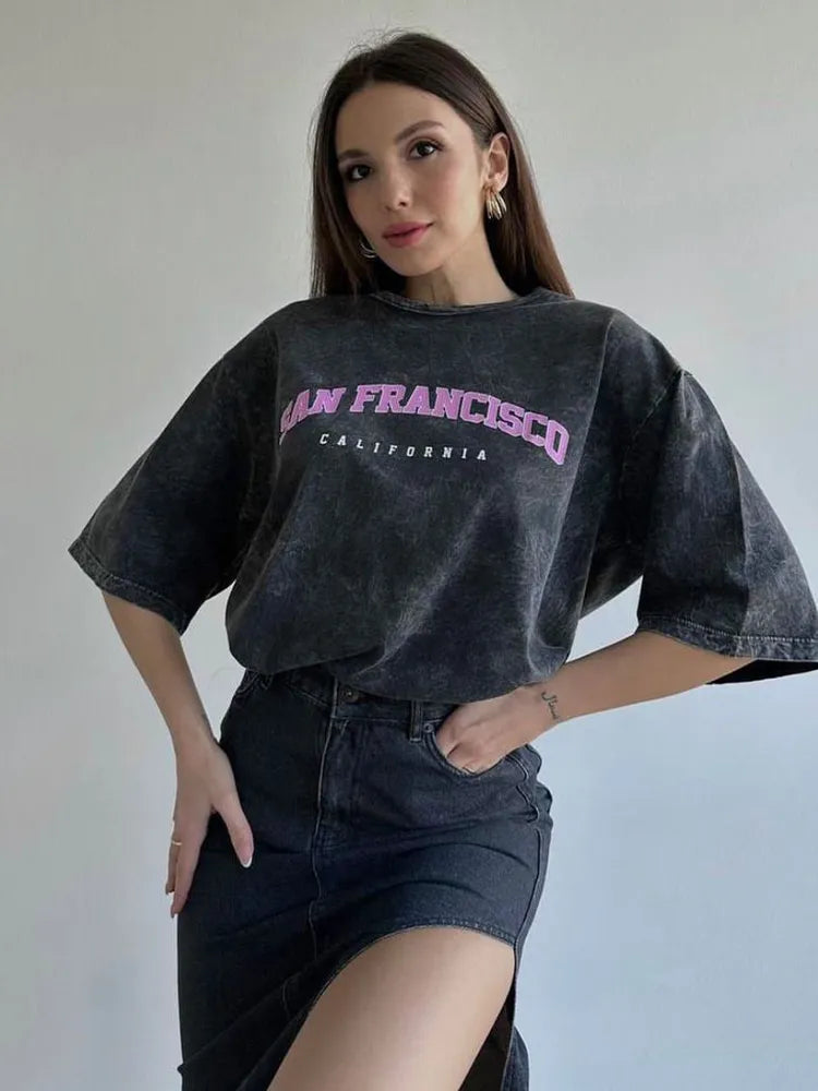 Camiseta vintage de algodón con lavado ácido para mujer