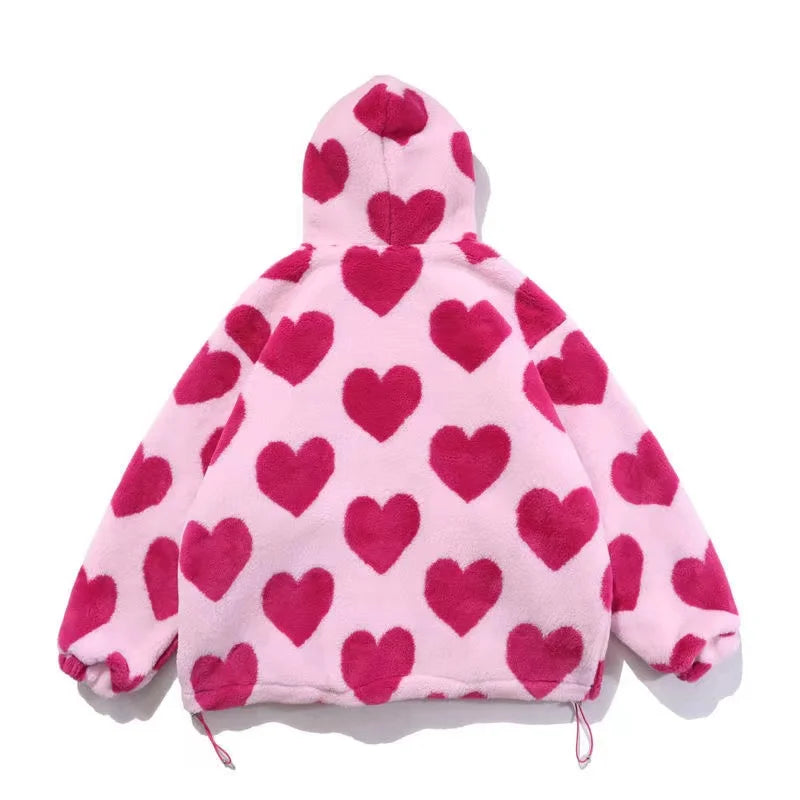 Chaqueta de piel con estampado de corazones para mujer, de algodón y sudadera con capucha para estudiantes