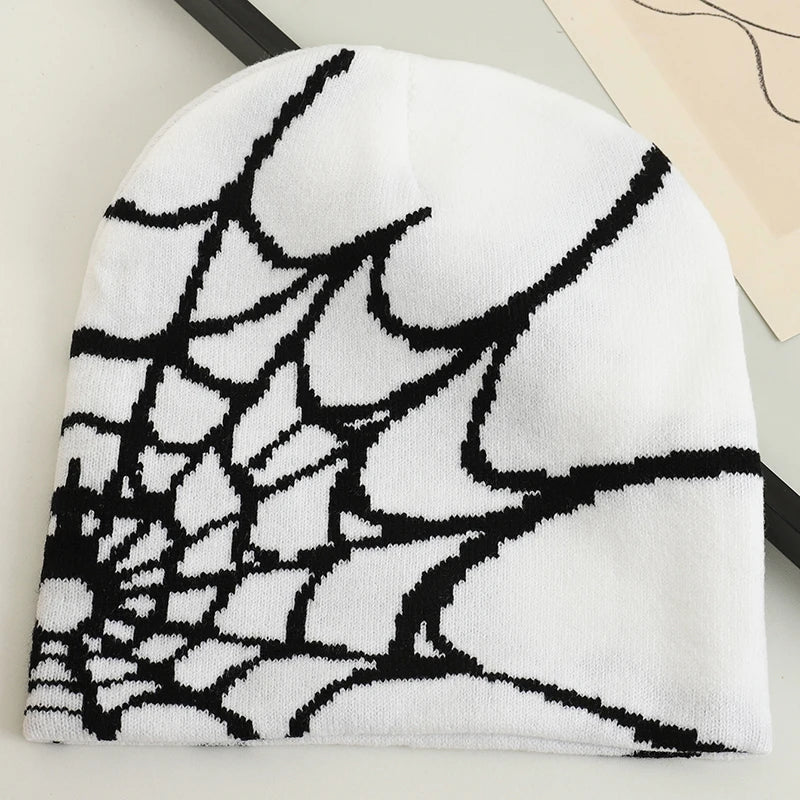 Gorro de punto Y2K con diseño de telaraña gótica