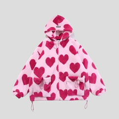 Chaqueta de piel con estampado de corazones para mujer, de algodón y sudadera con capucha para estudiantes