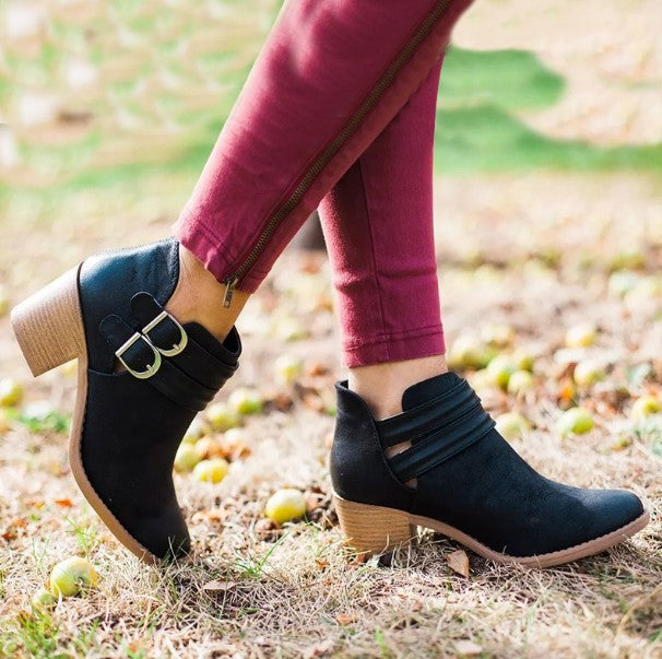 Casual Buckle Ankle Boots With Wooden Heels