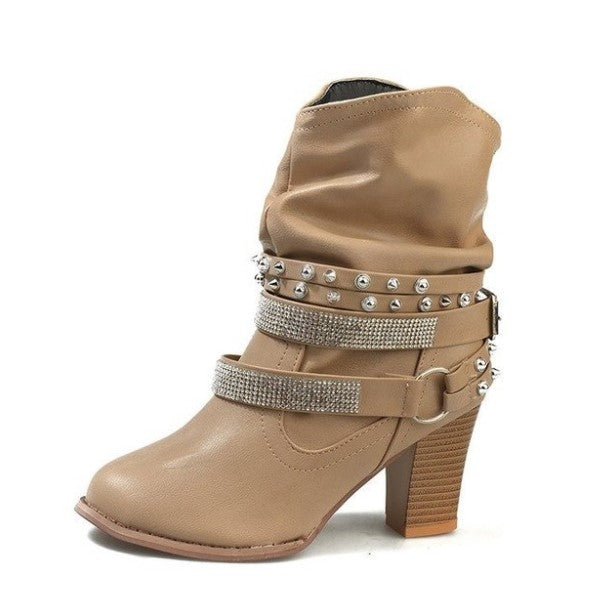 Mid-Calf PU Leather Ankle Boots With Buckles