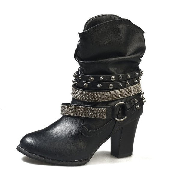 Mid-Calf PU Leather Ankle Boots With Buckles