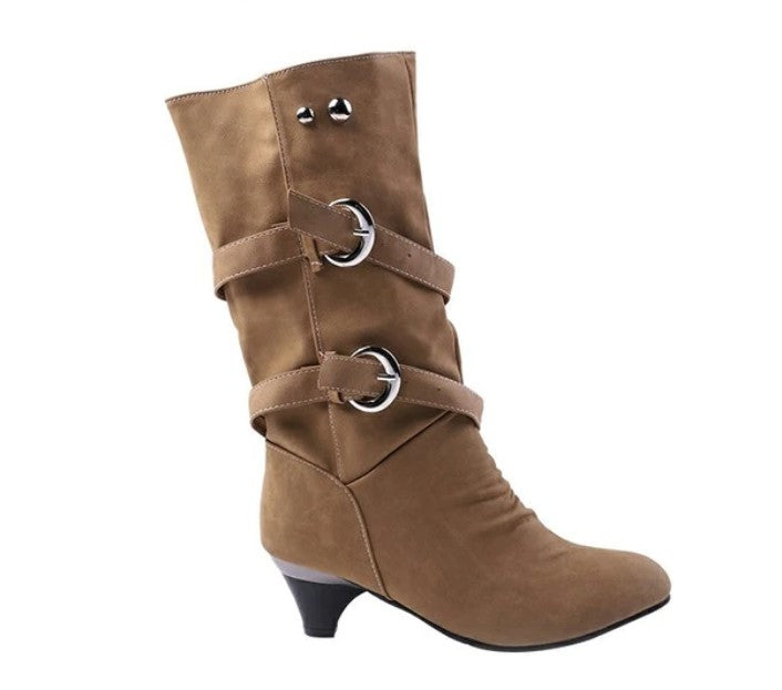 Warm Mid-Calf Boots With Decorative Buckles