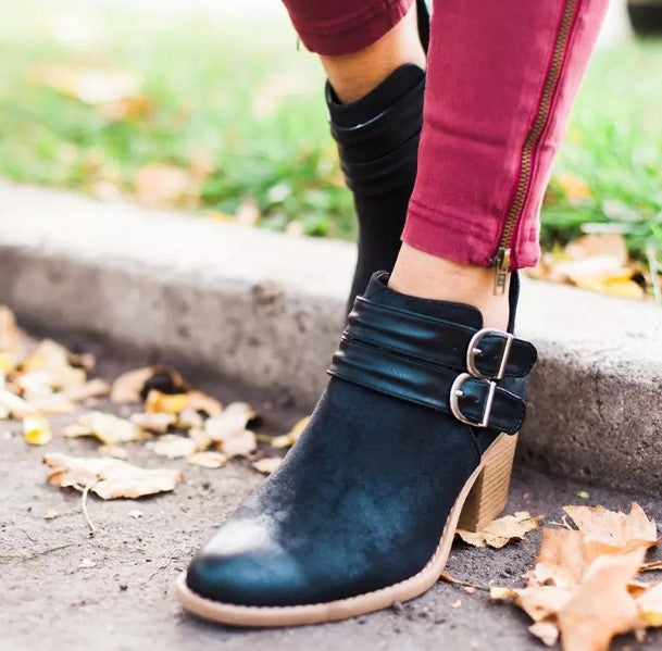 Casual Buckle Ankle Boots With Wooden Heels