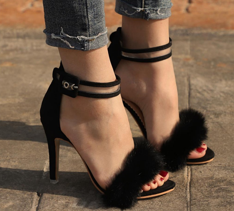 High Thin Heel Sandals With Faux Fur Decoration