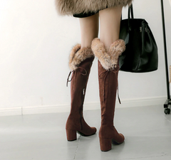 Fur Lace-Up High Boots With Square Heels