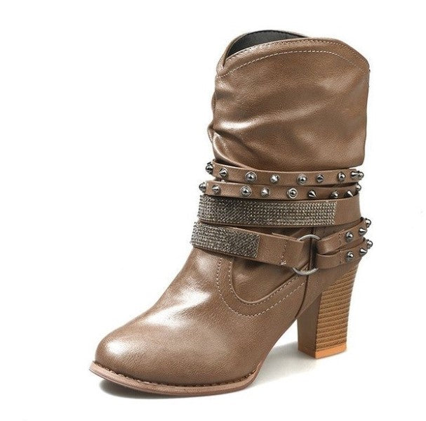 Mid-Calf PU Leather Ankle Boots With Buckles