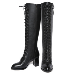 Genuine Leather Lace-Up High Boots