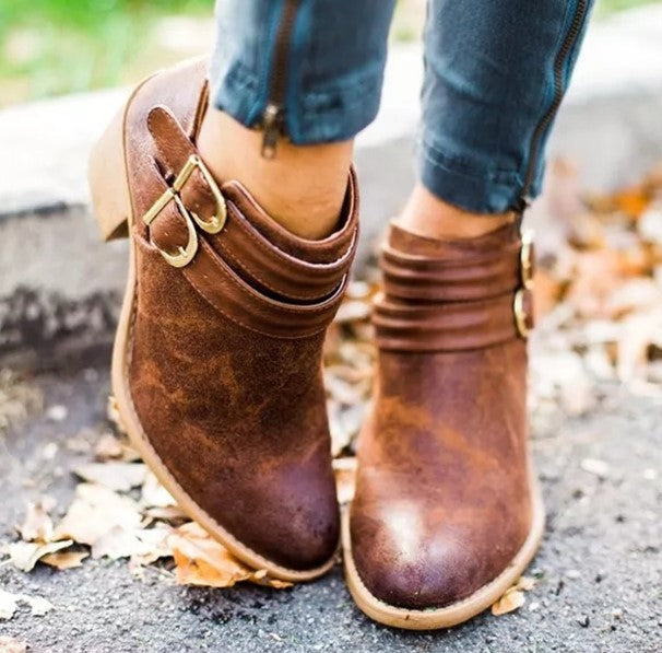 Casual Buckle Ankle Boots With Wooden Heels