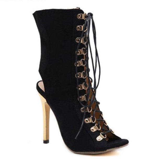 Flock High-Heeled T-Tied Ankle Boots With Peep Toe