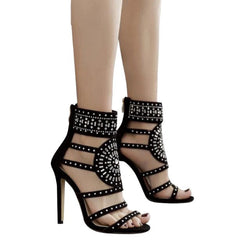 Flock High-Heeled Ankle-Wrap Sandals With Rhinestones