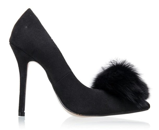 High-Heeled Velvet Pumps With Fur Pom-Pom