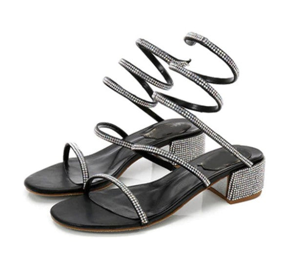 Long-Strap Serpentine Gladiator Sandals With Rhinestones