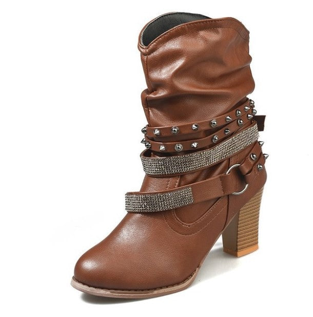 Mid-Calf PU Leather Ankle Boots With Buckles