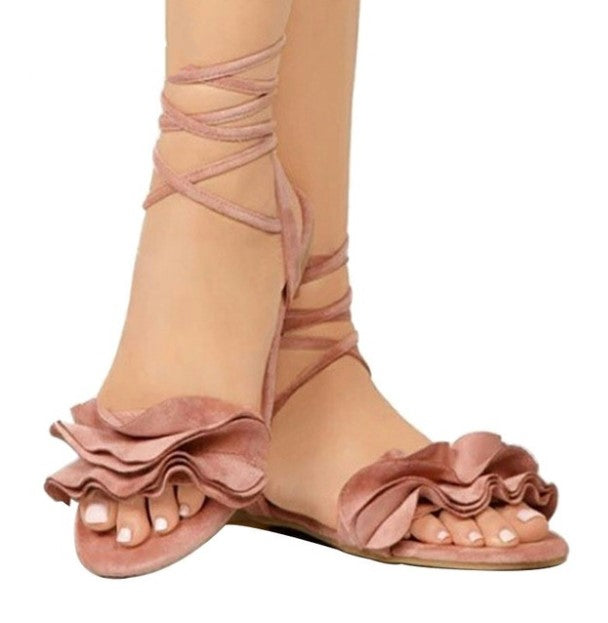 Ankle Strap Flat Sandals With Ruffles