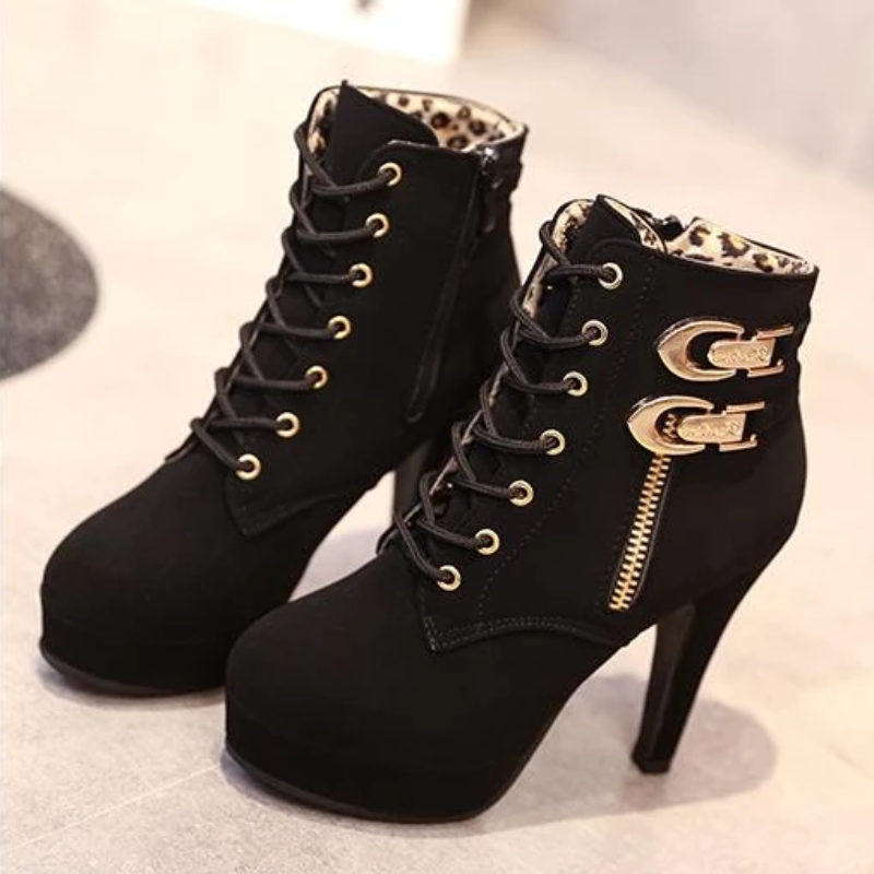 Casual High Heel Lace Up Ankle Boots With Buckles