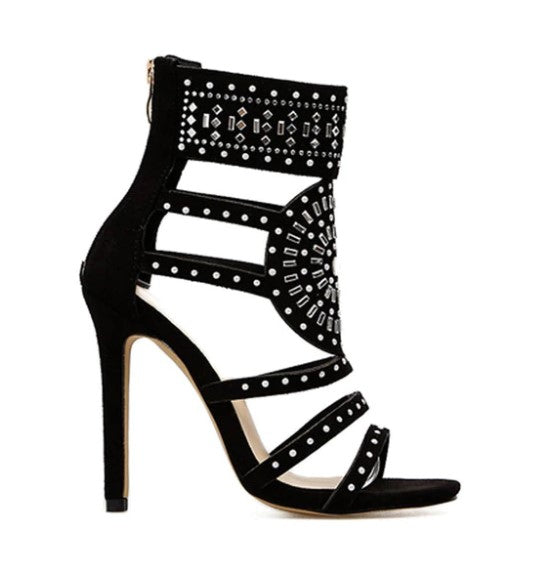 Flock High-Heeled Ankle-Wrap Sandals With Rhinestones