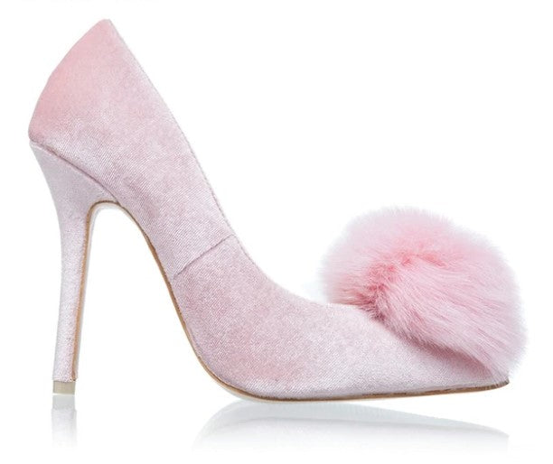 High-Heeled Velvet Pumps With Fur Pom-Pom