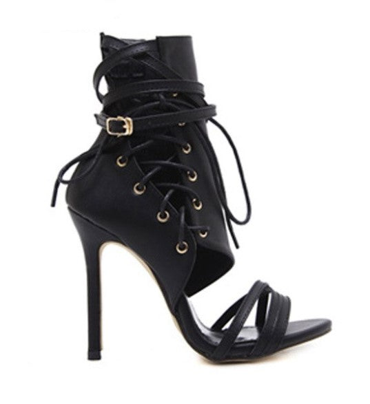 PU High-Heeled Lace-Up Sandals