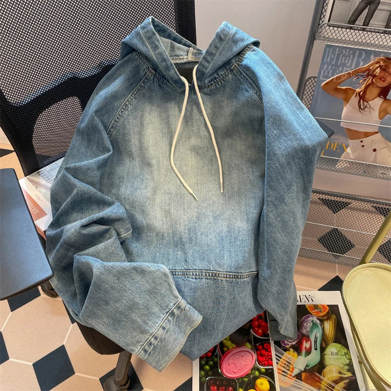 Vintage-Jeans-Kapuzenpullover mit Raglanärmeln und großen Taschen, Unisex