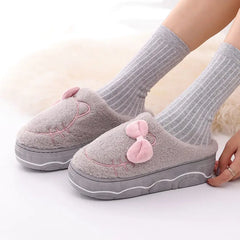 Winter Indoor Fur Platform Bowknot Slippers for Women