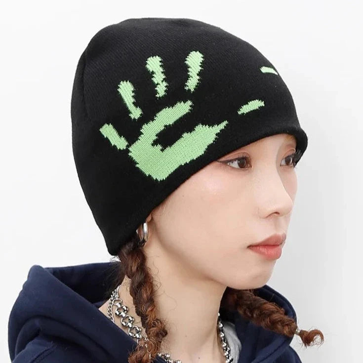 Gorro de punto con estampado gráfico de manos Y2K, estética urbana