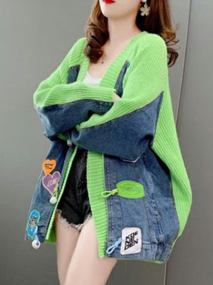 Loose Denim Patchwork Knit Jacket for Women