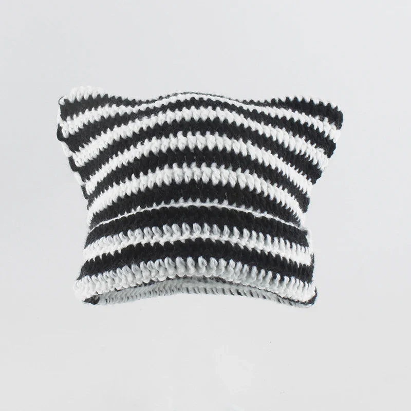 Knit Striped Beanie Cozy Headwear Cute Cat Ears Essential