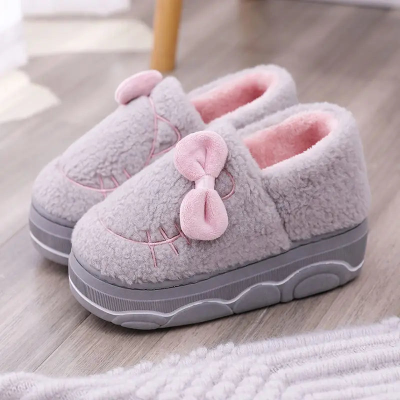 Pantuflas de invierno con plataforma de piel y lazo para mujer