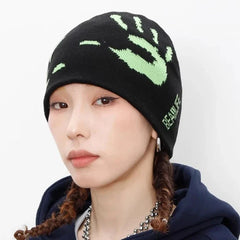 Gorro de punto con estampado gráfico de manos Y2K, estética urbana