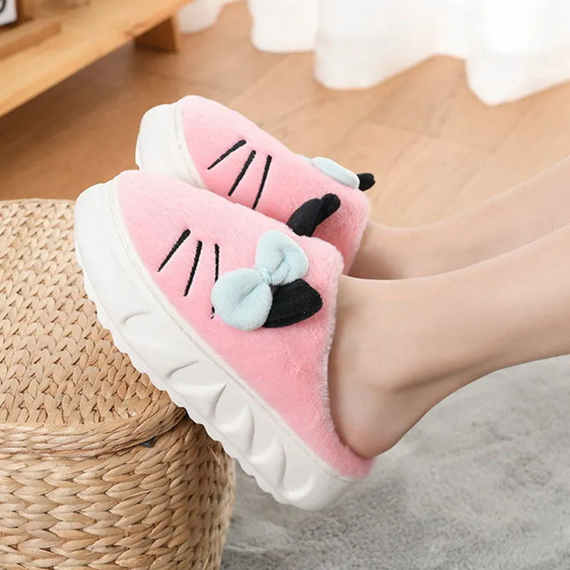 Winter Indoor Fur Platform Bowknot Slippers for Women