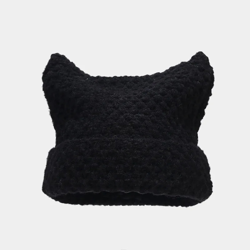 Gorro de punto a rayas, acogedor, con orejas de gato, esencial