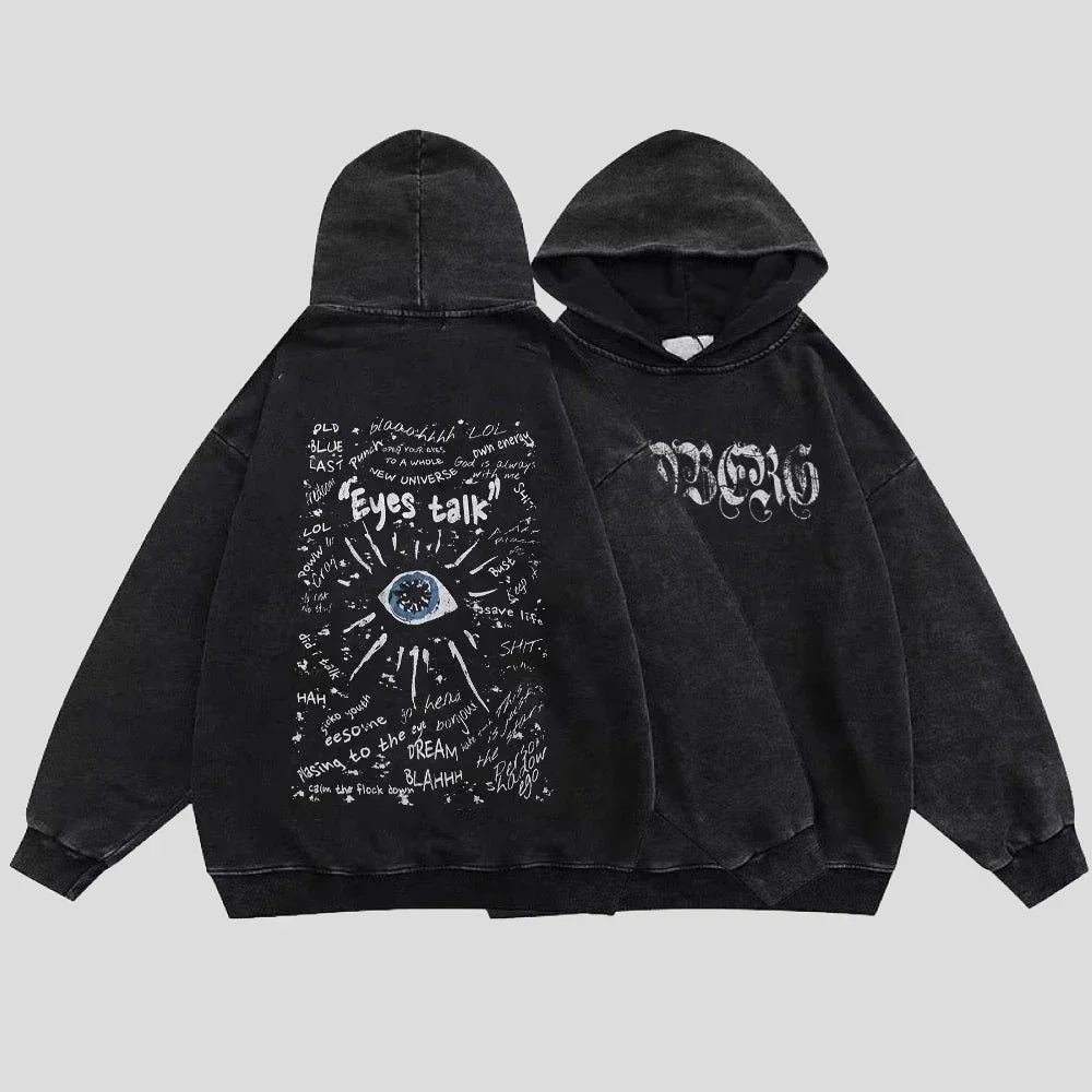 Verwaschener schwarzer Hoodie, Gothic-Baumwollpullover, Streetwear für Männer und Frauen