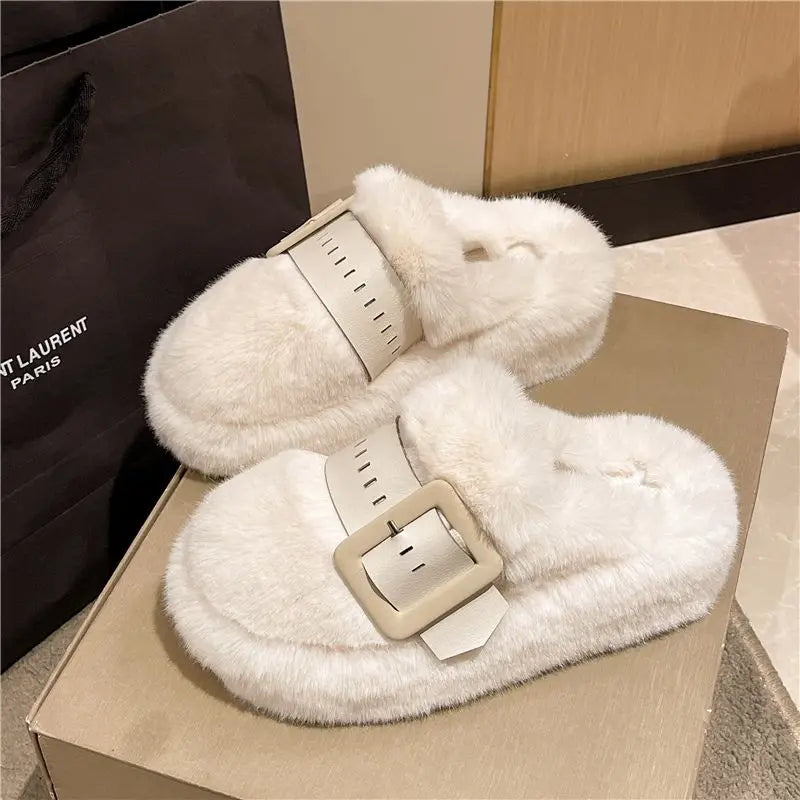 Flauschige Plateau-Slipper für Damen