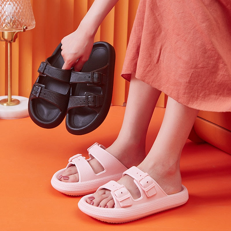 Two Strap Buckle Platform Slides for Women