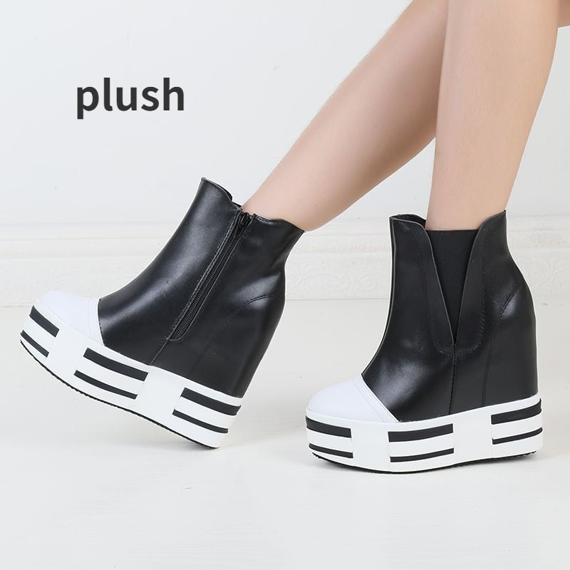 Botas de cuña con plataforma de cuero de 13 cm para mujer