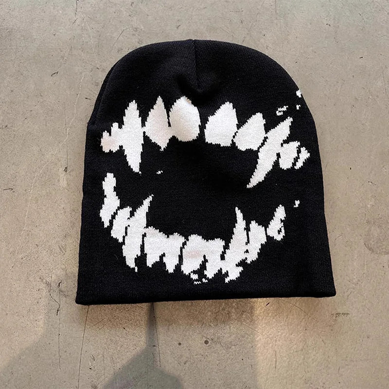 Gorro gótico tejido con dientes estilo urbano Y2K