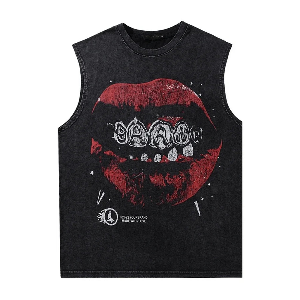 Oversized Graphic T Shirts - Lip Print Cotton Washed Loose Streetwear