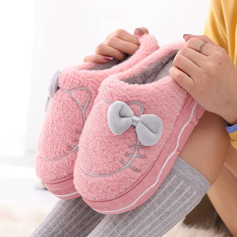 Pantuflas de invierno con plataforma de piel y lazo para mujer