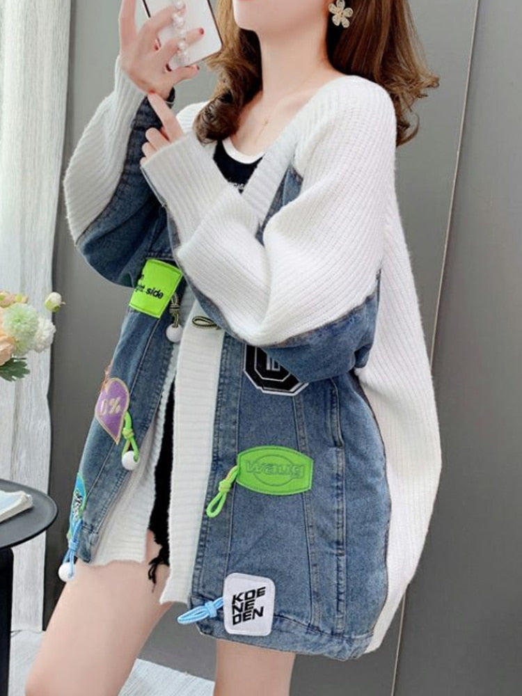 Loose Denim Patchwork Knit Jacket for Women