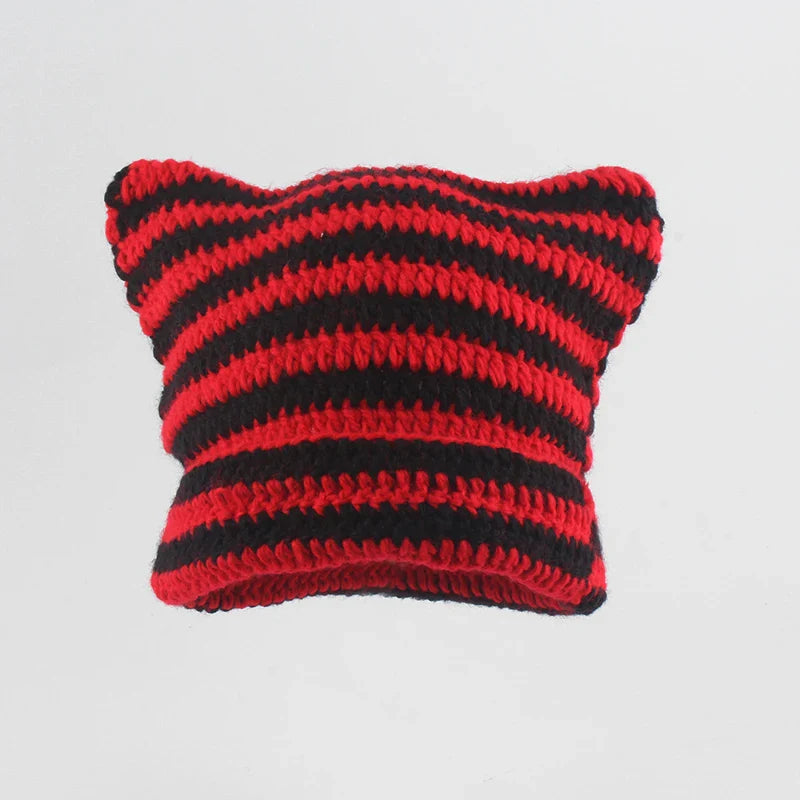 Gorro de punto a rayas, acogedor, con orejas de gato, esencial