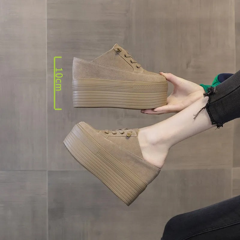 Sandalias de plataforma de gamuza sin cordones para mujer